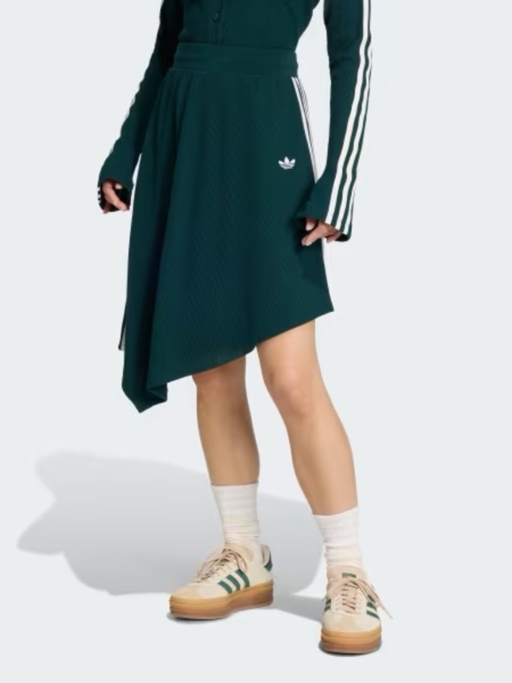 adidas Originals XS Aurora Ivy Green KS7781 Waffle Knit Asymmetric Stripe Skirt